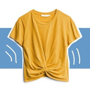 LUSH Mustard Tamara Cropped Knot Front Knit Top